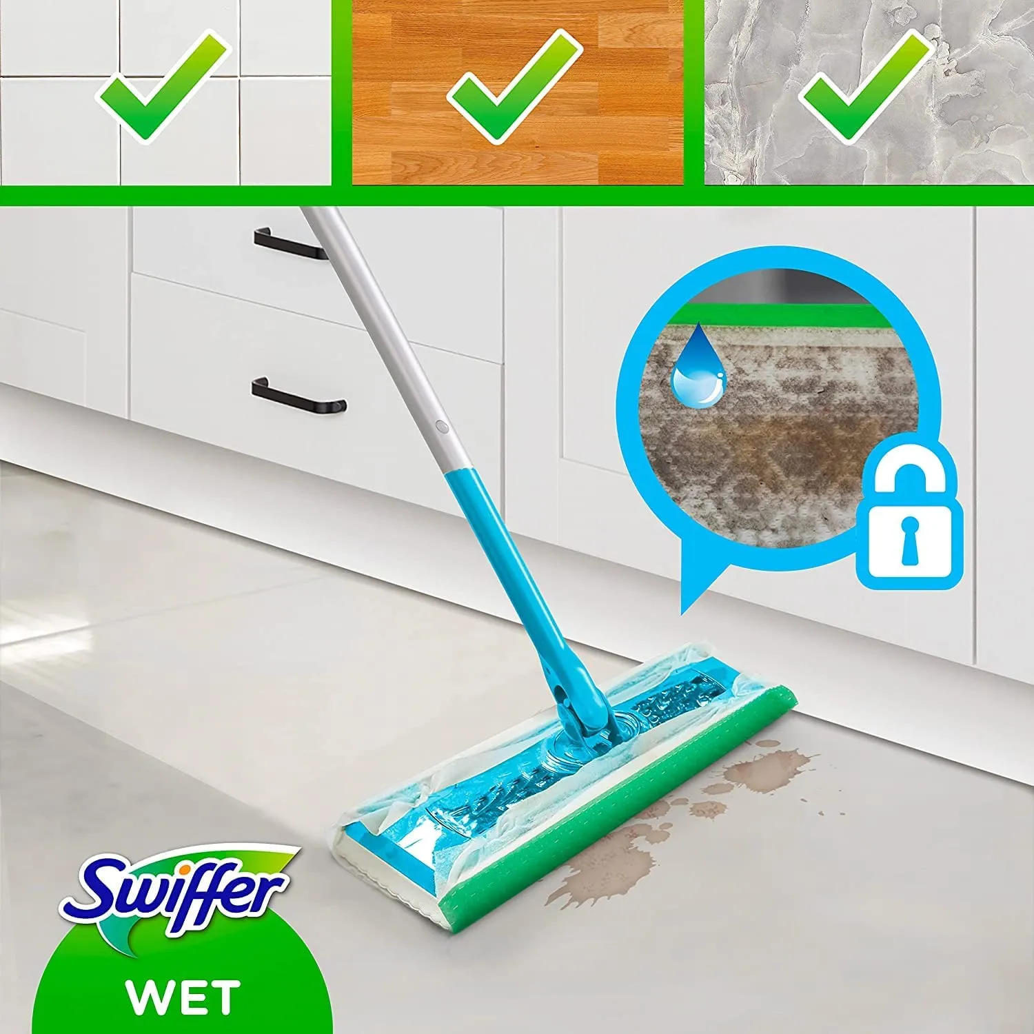 Swiffer Wet Lavapavimenti, 120 Panni Umidi, Limone, Maxi Formato, Pulizia Igienica Profonda, Rimuove Sporco e Batteri, per Tutti