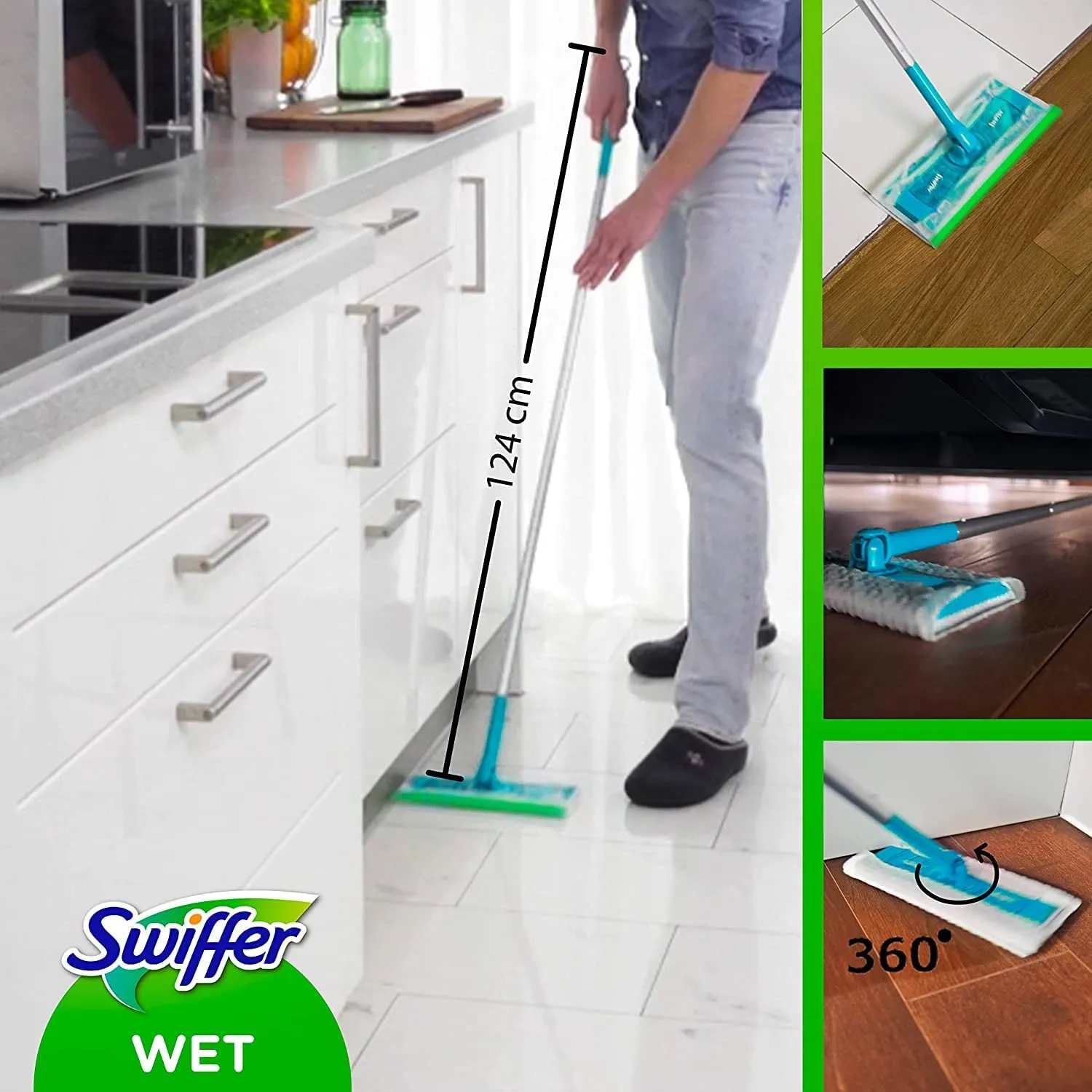 Swiffer Wet Lavapavimenti, 120 Panni Umidi, Limone, Maxi Formato, Pulizia Igienica Profonda, Rimuove Sporco e Batteri, per Tutti