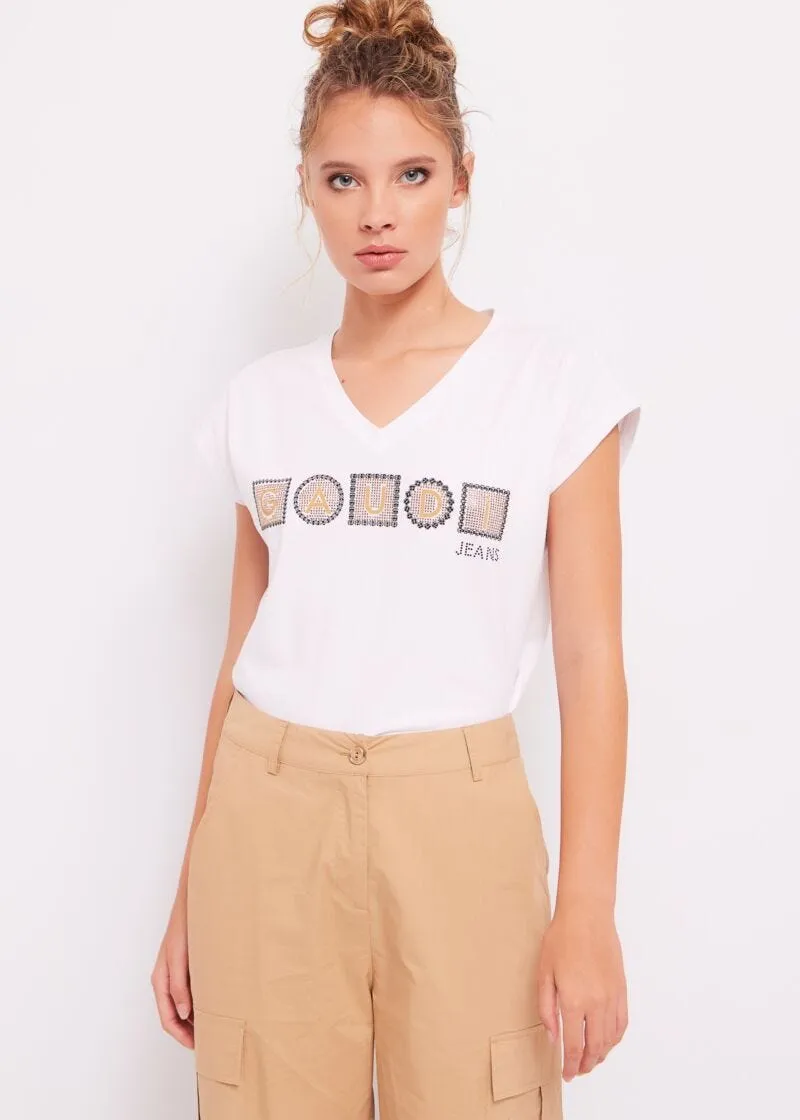 T-shirt a V con stampa e logo