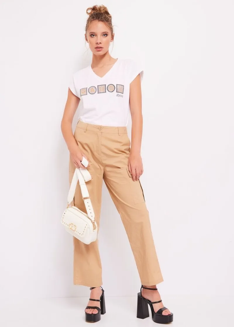 T-shirt a V con stampa e logo