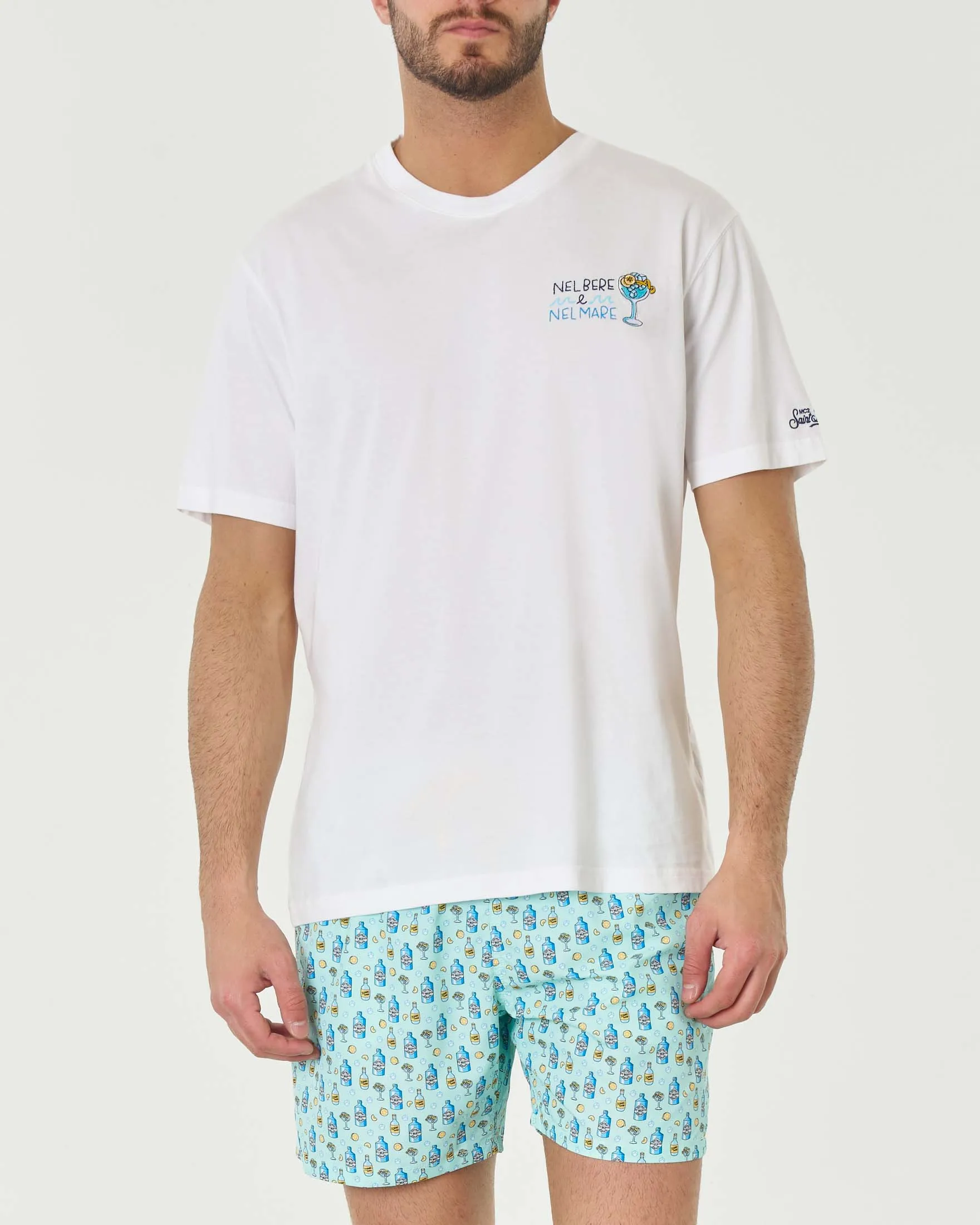 T-shirt bianca mezza manica in puro cotone con ricamo Nel Bere e Nel Mare sul petto