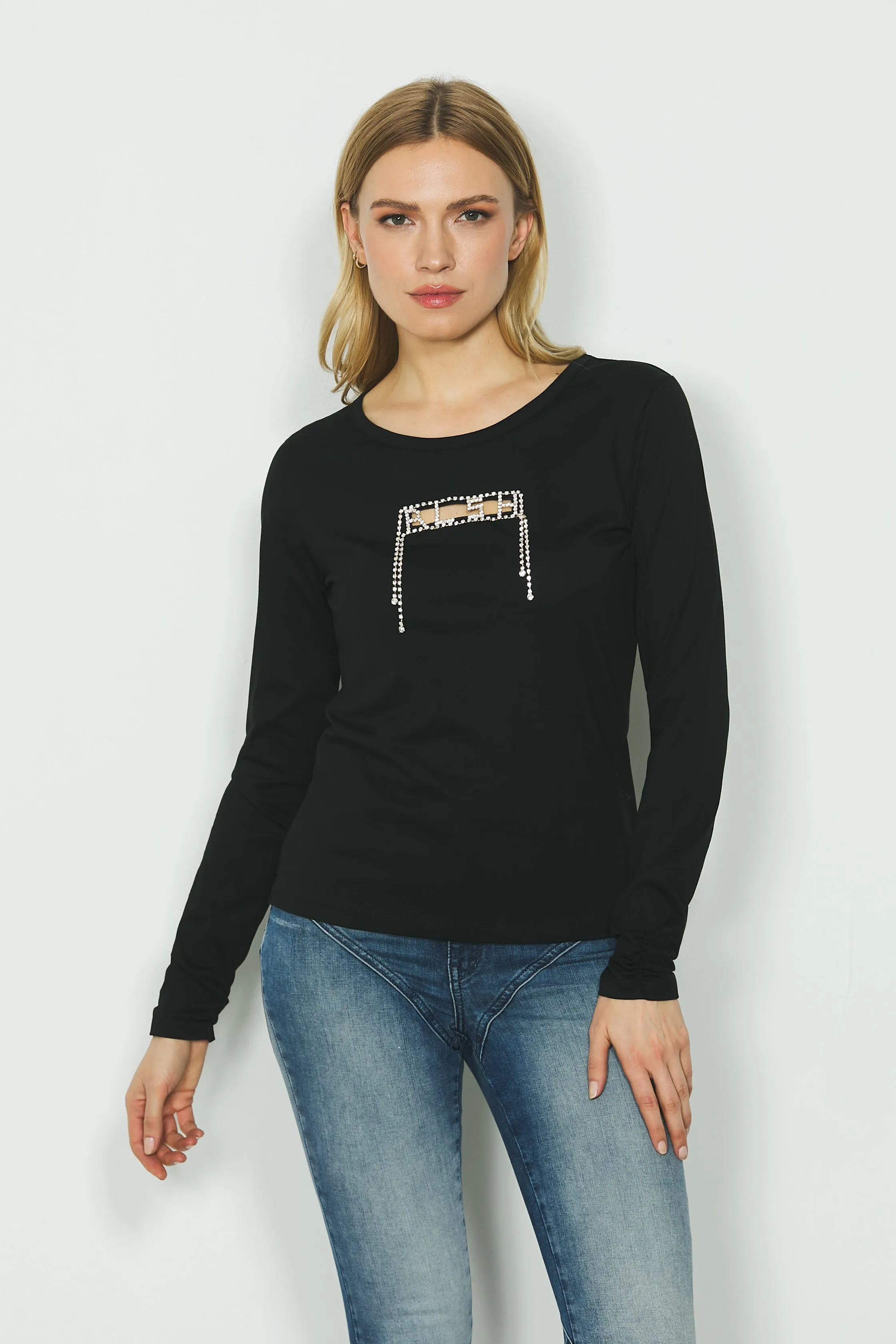 T-shirt RAFFAELLA manica lunga con arriccio più apertura seno con strass logo
