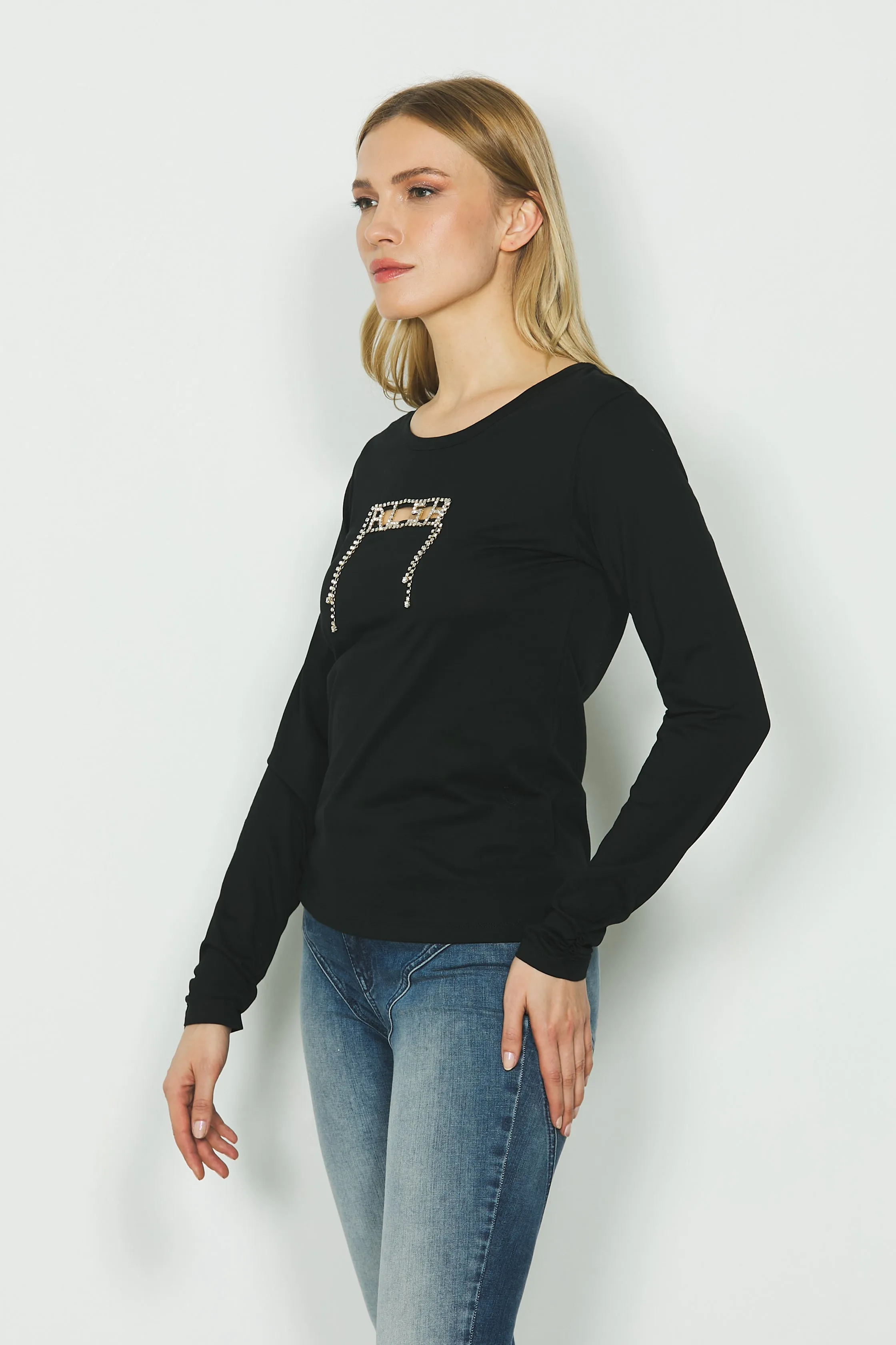 T-shirt RAFFAELLA manica lunga con arriccio più apertura seno con strass logo