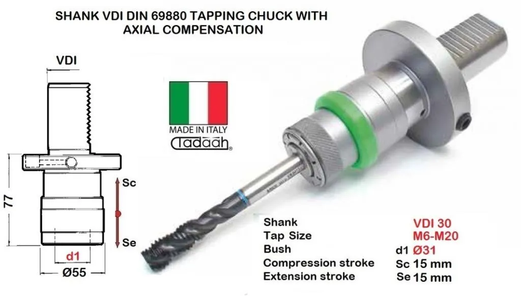 TD0136MAVDI07 Maschiatore attacco VDI30 - DIN 69880 con compensazione assiale per filettature da M6 a M20 - attacco bussola Dia.