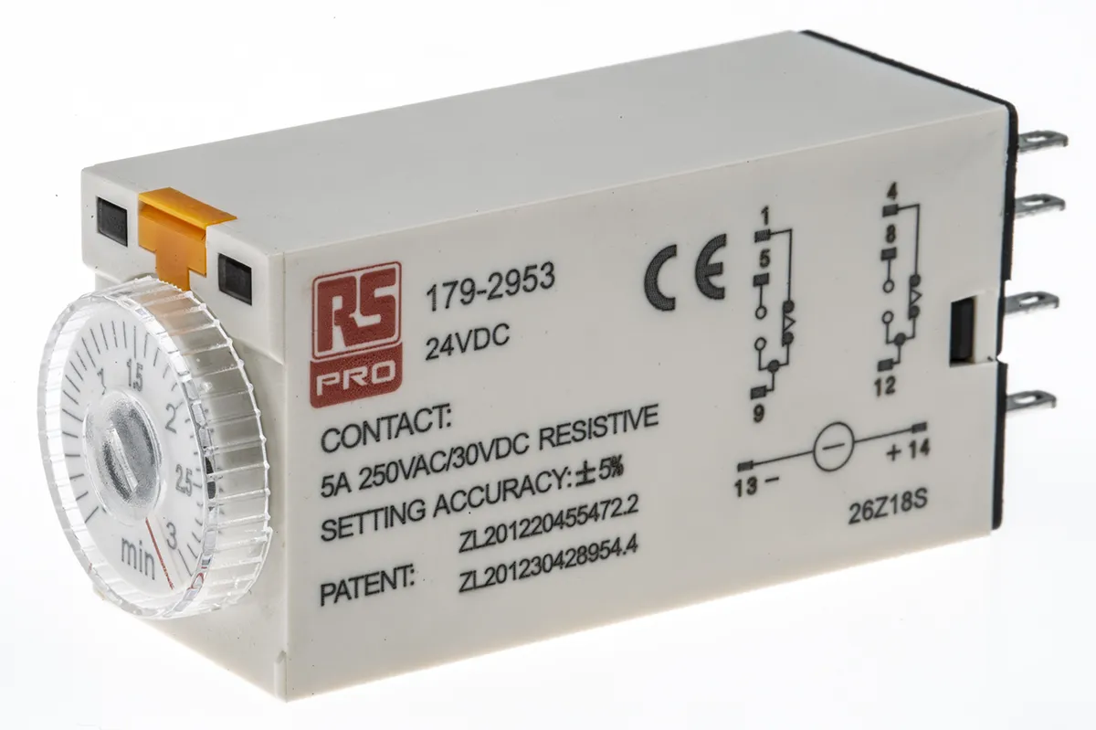 Timer Relay RS PRO, intervallo 0.1 → 3min, 2 poli, DPDT, A innesto