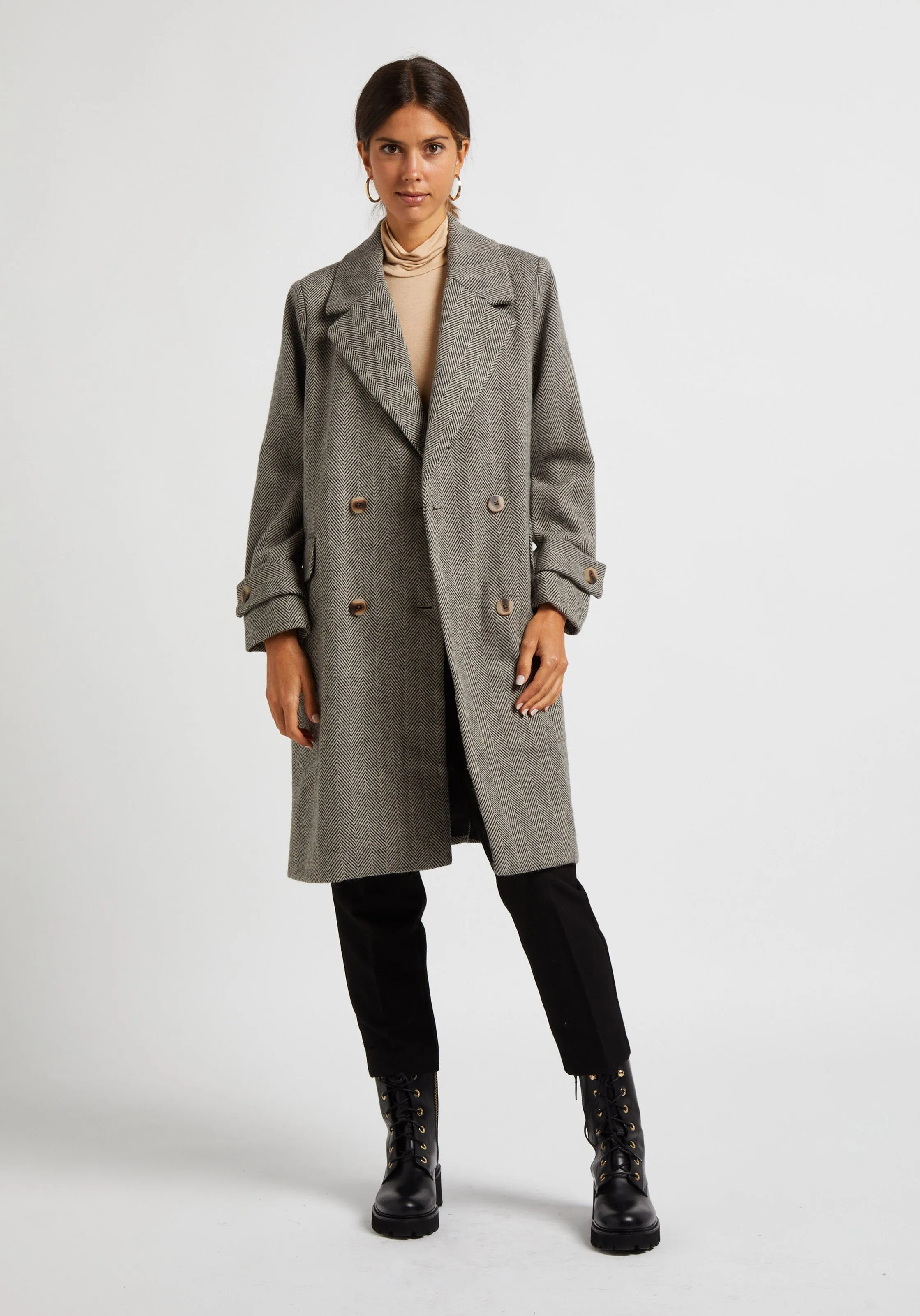  VILA   HYNDA - Cappotto lungo con revers e stampa spigata | Beige