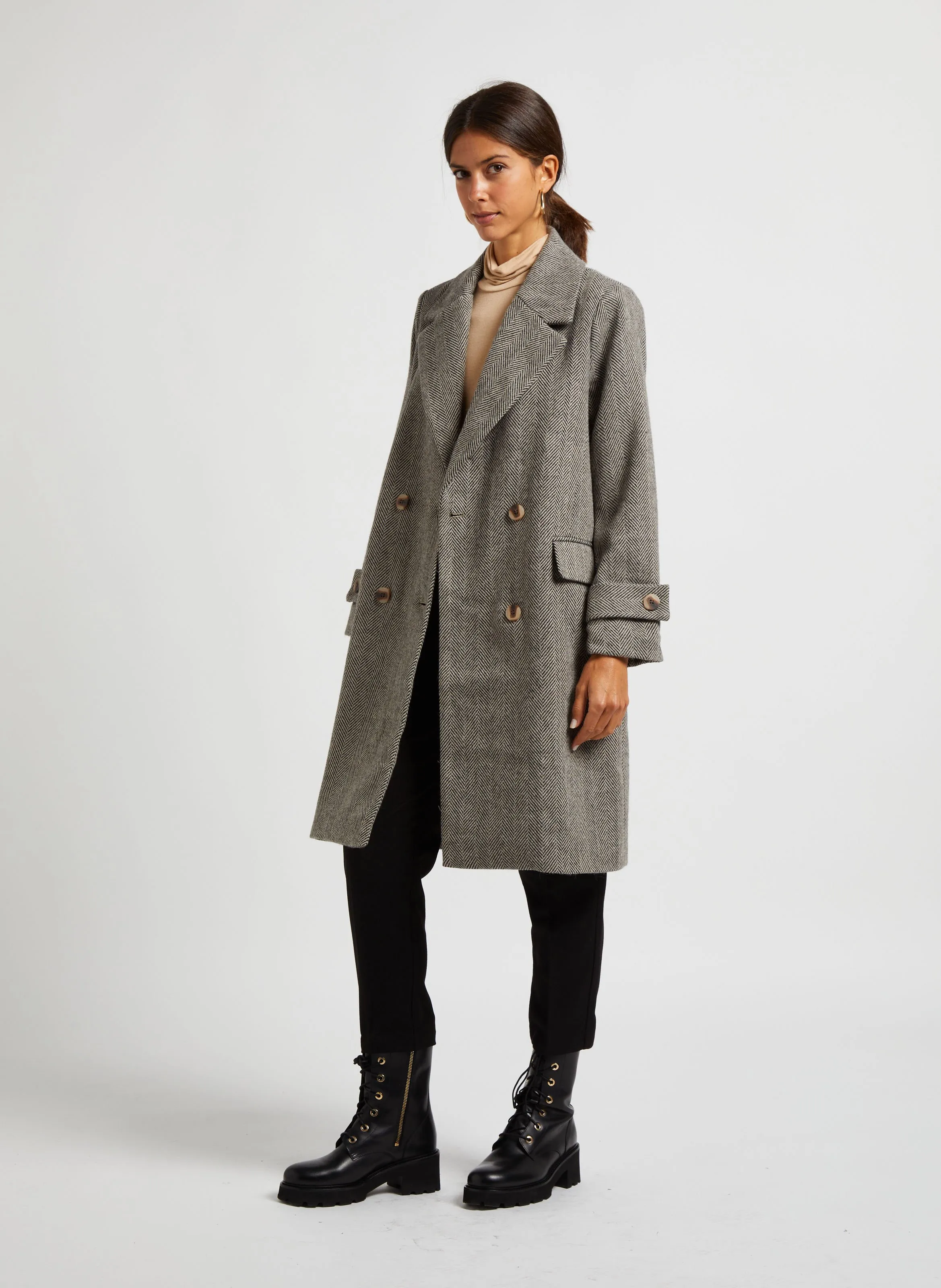  VILA   HYNDA - Cappotto lungo con revers e stampa spigata | Beige