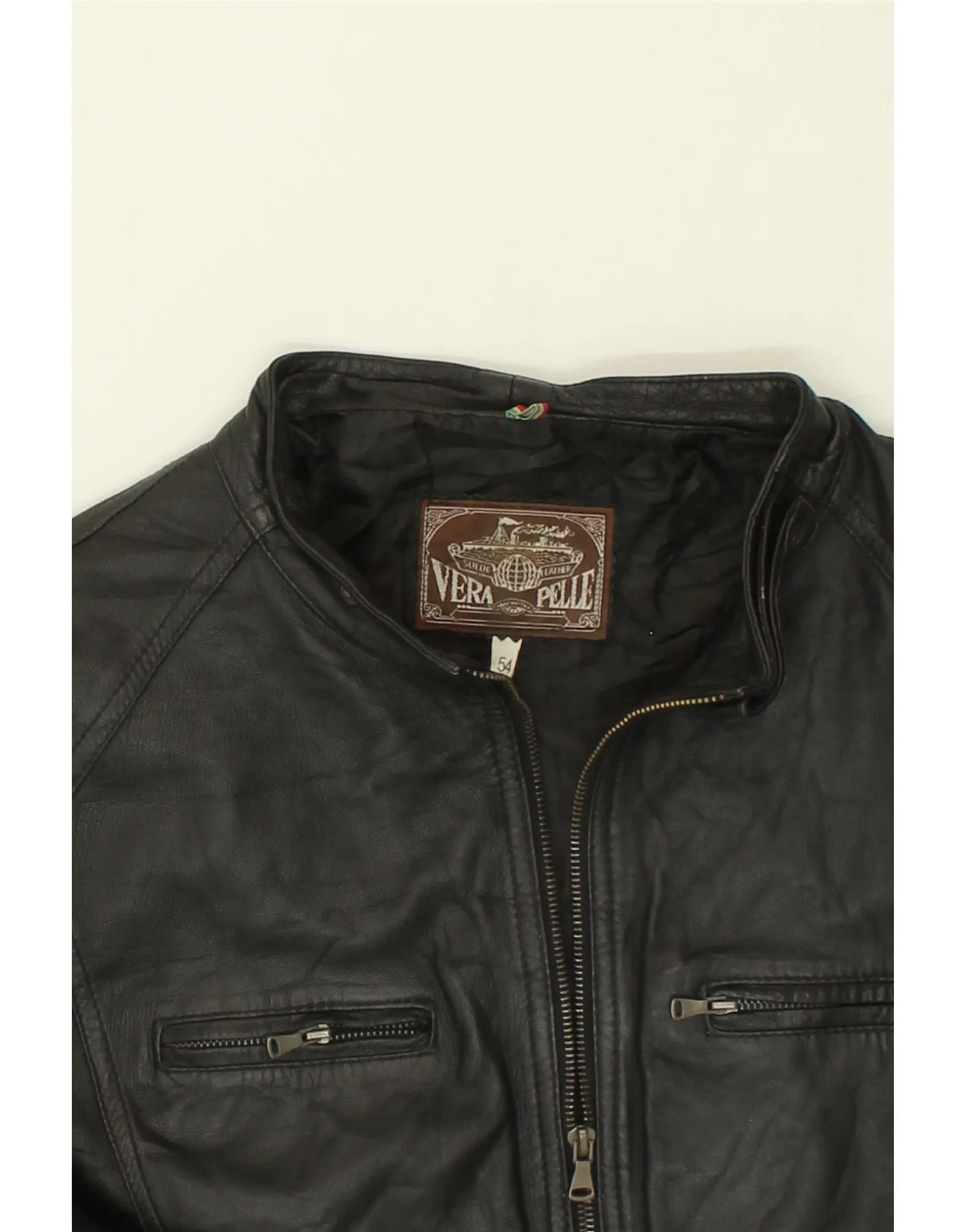 VINTAGE Womens Leather Jacket IT 54 3XL Black Leather