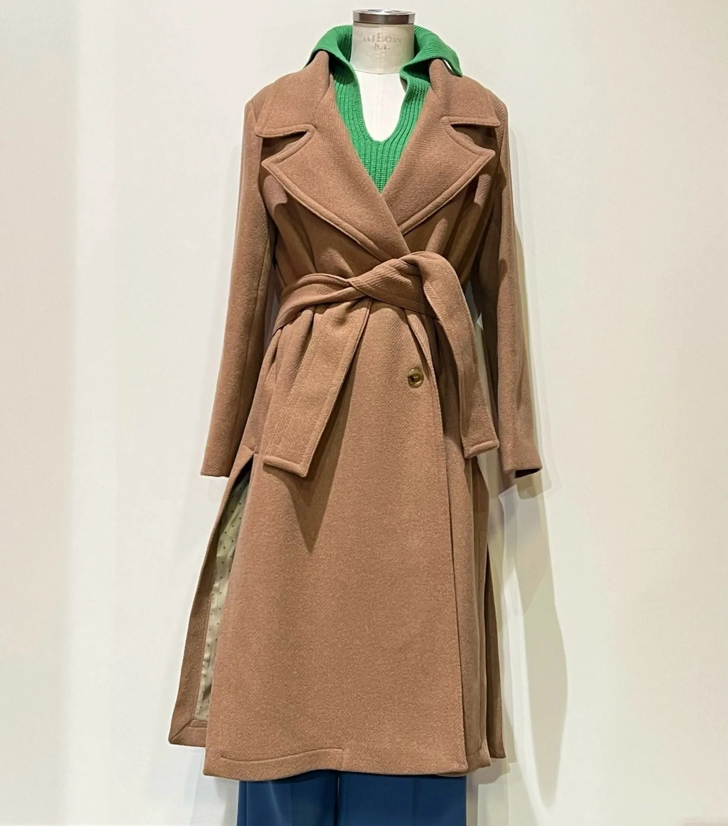 W3-DG5871 Cappotto Misto Lana con Cintura Sand  